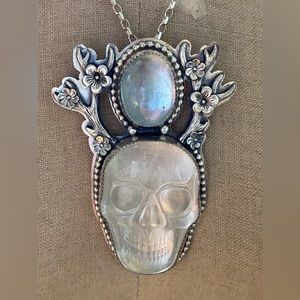 Crystal Carved Skull & Blue Topaz Sterling Necklace